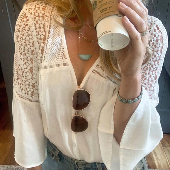 New Boho White Lace Festival Button Front Blouse Top Shirt Western Casual Work - Picture 5 of 9